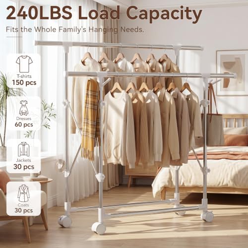 Clothes Drying Rack Foldable,Portable Laundry Collapsible | Folding Stainless Steel Standing Dry Rack for Outdoor Indoor Adjustable Double Rod with Wheels,Space Saving Rolling Dry Rack