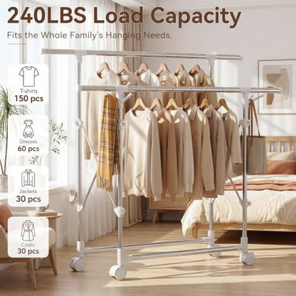 Clothes Drying Rack Foldable,Portable Laundry Collapsible | Folding Stainless Steel Standing Dry Rack for Outdoor Indoor Adjustable Double Rod with Wheels,Space Saving Rolling Dry Rack