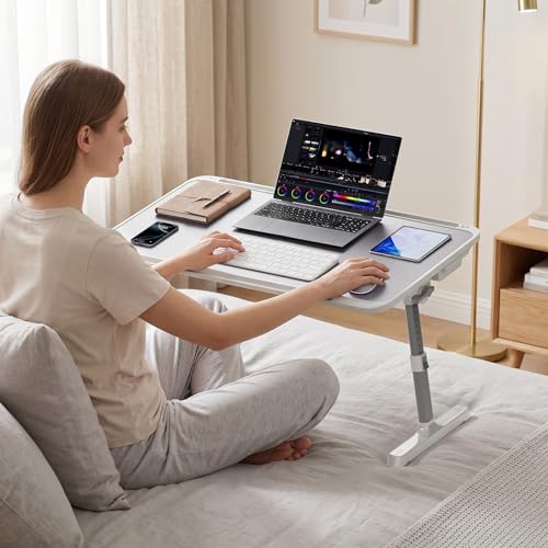 Potuopy Adjustable Lap Desk,Large Smooth Easy-Clean Wood Grain Desktop,Foldable Laptop Bed Tray Table with Storage Drawer,Portable Laptop Stand Fits 17" Laptop for Bed Couch Floor (Light Gray) - color: Light Gray