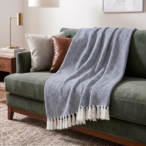 Americanflat 50x60 Throw Blanket - Soft and Breathable Cotton Throw Blanket for Couch, Bed, Chair - Decorative Blankets Perfect for Home or Outdoor Use - Navy Blue and White Herringbone Design - color: Zaina Dark Navy and White Herringbone
