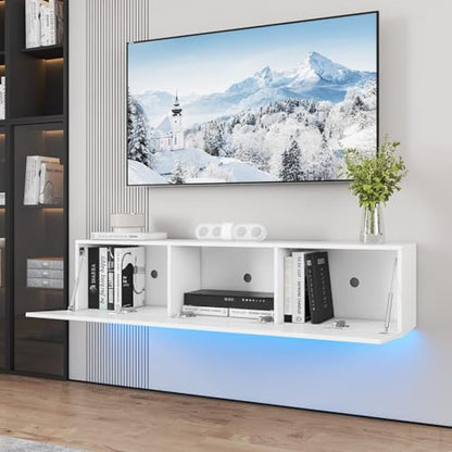Floating TV Stand with LED for 60 65 70in TV, Glossy Wall Mounted Modern Entertainment Center with Storage, White - size: 63"W x 12"D x 13.5"H