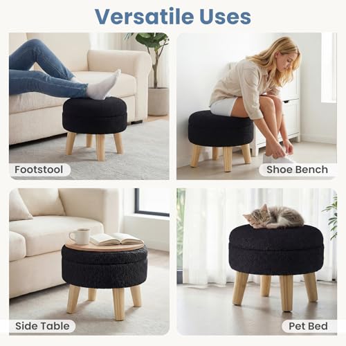 DUMOS Round Storage Ottoman with Reversible Tray Lid, Multi-Functional Footrest, Teddy Velvet Footstool with Wood Legs, Small Coffee Table for Living Room, Bedroom, Ink - color: Ink
