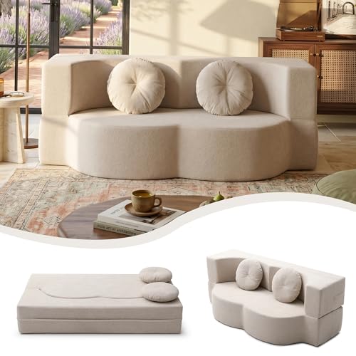 76" Convertible Folding Futon Sofa Bed, Queen Sleeper Sofa with Pillow, Teddy Floor & Futon Loveseat Couch, Foam Folding Mattress Sleeper for Living Room, Guest Use, Apartment, No Assembly (Beige) - color: Beige