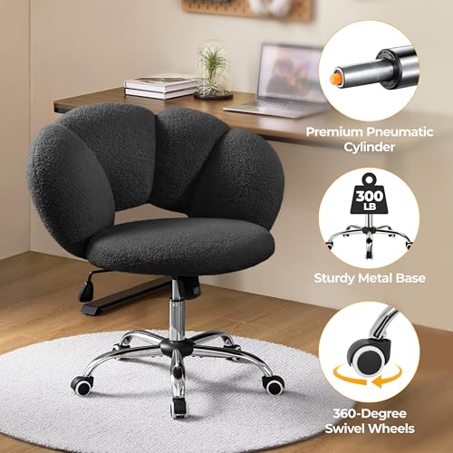Yaheetech Black Petal Boucle Makeup Vanity Desk Chair with Wheels, Swivel | Soft foam-padded boucle fabric fits vanity, bedroom, office or sewing desks; adjustable height, swivel wheels, fast assembly. - color: Black