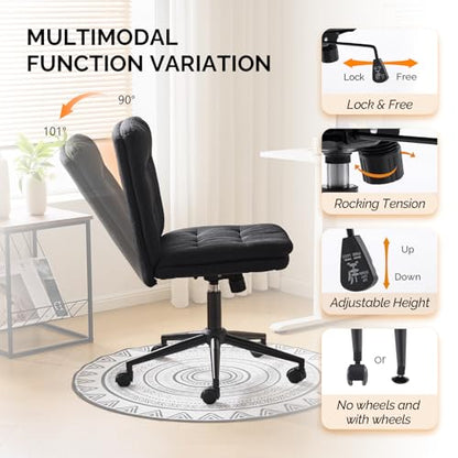 VINGLI Mid Back Armless Office Desk Chair with Wheels/no Wheels,360°Rocking Swivel Vanity Chair with Thickened Cushion,Adjustable Height Rolling for Reading Room, Make up, Linen Black - color: Black