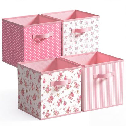 Marsui 4 Pcs Pink Floral Cube Storage Bins 11 Inch Pink Flower Storage Basket with Handle, Preppy Organizer Basket, Collapsible Fabric Box for Classroom Bedrooms Office Home Decoration Gift