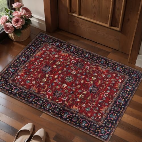 Oriental Red 2x3 Washable Rugs for Entryway, Non Slip Small Entry Rug | Vintage Floral Indoor Front Door Rug Mat, Soft Low Pile Small Carpet Throw Rugs for Entry Entrance Kitchen Bedroom Red Black - color: Floral/Red, size: 2' X 3' (Rectangular)