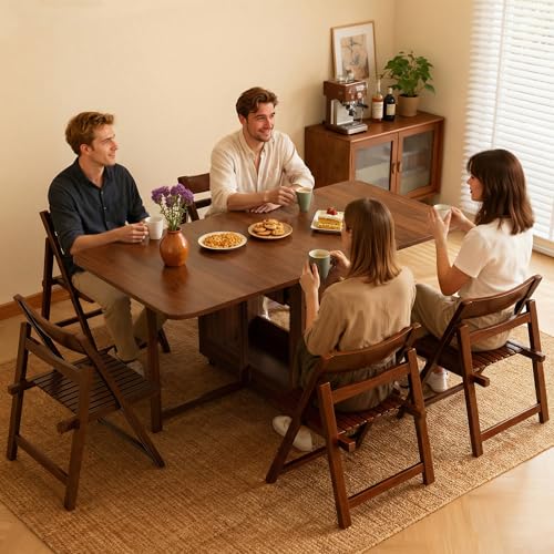 Folding Dining Table and Chairs - 51" Fully Assembled Drop Leaf Table 4-6 Seater with Storage and Lockable Wheels, Space-Saving Set with 8 Chairs for Kitchen or Dining Room (Walnut) - color: Walnut, size: 51.18″L Table & 8 Chairs