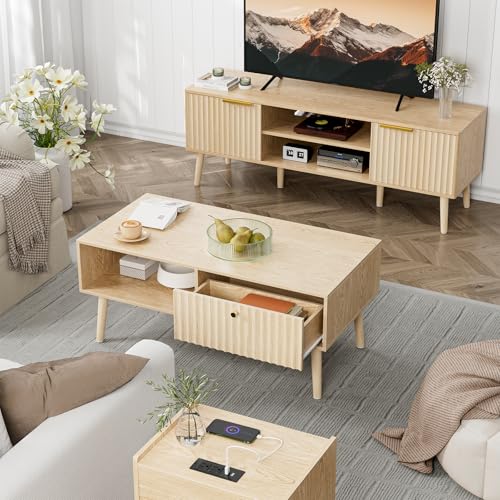 LCRBOL Coffee Table with Fluted Drawer, Modern, Oak | 39.3"W x 19.7"D x 17.1"H, 1 fluted drawer & open shelf, golden handle, 5 legs, ~45 min assembly - color: Oak(lsj011-n)
