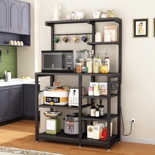 Bakers Rack with Power Outlet, 8-Tier Microwave Cart, Coffee Bar w/ 6 Hooks | 8-Tier Bakers Rack with Power Outlet, Coffee Bar Station & Microwave Cart, Metal Kitchen Storage Shelf with Wheels - color: Black