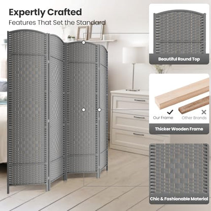 4 Panel Folding Room Divider,Woven Privacy Screen,Grey | Solid wood frame, handcrafted diamond pattern, 6FT tall, extends to 63 inches wide, no assembly required - color: Grey, size: 4-Panel