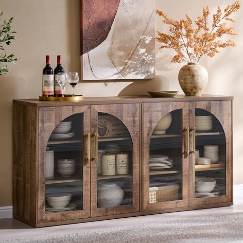 Glass Arched Door Sideboard Buffet Cabinet Set of 2, Rustic Oak | Modular, Multi-Compartment Storage, Adjustable Shelf, Soft Close Hinges, Freestanding, for Dining Room, Living Room - color: Rusti Brown