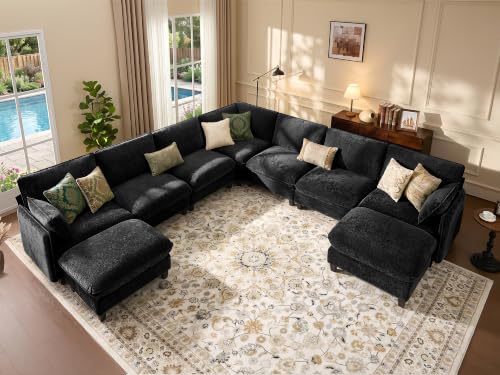 Ihanherry 139" Oversized V-Shaped Modular Sectional Couch, 9-Seater Cloud Sofa with Corner & Movable Ottoman, Large Cushions, Chenille Deep Seat Living Room Furniture Set,Black - color: Black, size: 139" 9 Seat V Sofa
