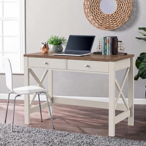 ChooChoo 40 Inches Farmhouse Computer Desk with 2 Drawers & Power Outlets | Wooden Writing Desk, Study Desk for Home Office, Makeup Vanity, Soft White - color: Soft White, size: 40inch with Power Outlet