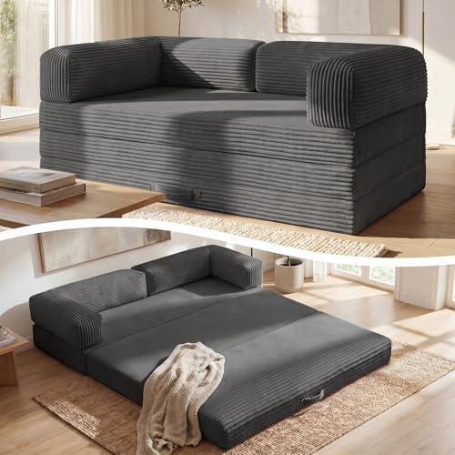 Erament Futon Sofa Bed Queen, Convertible Tri Folding Mattress Couch Bed Foldable with Removable Armrests & Washable Cover, Floor Mattress with High-Density Foam, Small Couch Bed, Queen, Grey - color: Grey, size: Queen