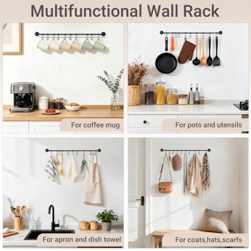 Mkono Wall Mounted Mug Holder, Coffee Cup Hanger Rack with 10 Hooks, 1 Pack | Kitchen Rod, Space Saving, Easy Assembly, Wall & Under Cabinet, Durable Metal, Kitchen Dining Bar Organizer, Multi-Function - size: Large