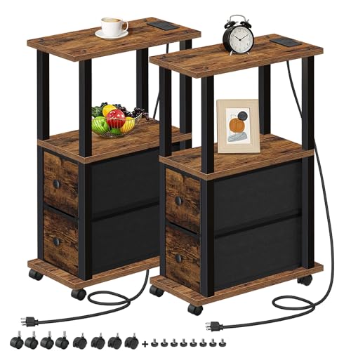TUTOTAK Small Narrow End Tables, Side Tables with 2 Fabric Drawers, Set of 2, Bedside Tables with Charging Station for Small Spaces, Slim Nightstands with USB Ports and Wheels, TB01BB053C - color: Brown and Black, style: with Outlets