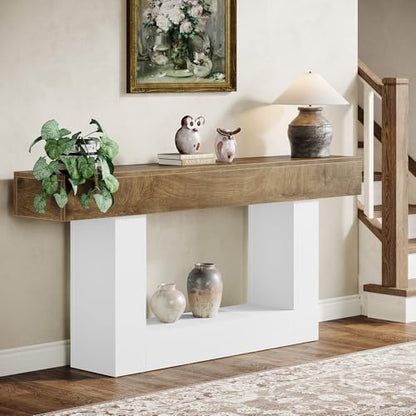 Tribesigns 63" Console Table, Farmhouse 2-Tier Entryway Table with U-Shaped Base, Narrow Long Wood Sofa Table Behind Couch Table for Living Room, Hallway, Foyer, Light Brown & White - color: Light Brown & White