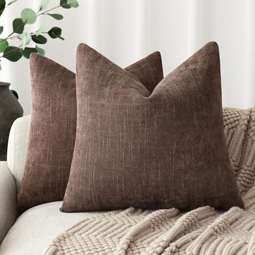 Foindtower Pack of 2 Soft Textured Chenille Throw Decorative Pillow Covers Square Accent Solid Cushion Cover Cozy Neutral Farmhouse Pillow Case for Couch Sofa Bedroom Living Room 16x16 Inch,Red Brown - color: Beaver Fur, size: 16" x 16" (Pack of 2)