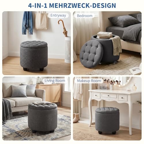 19 Inch Storage Round Ottoman, Footstools with Hidden Storage with Removable Lid, Stylish Button Tufted Design Ottoman Foot Stools for Living Room, Bedroom, Darkgrey - color: Grey