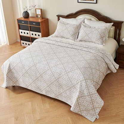 EVENHUG 100% Cotton Quilt Set Queen Size Bedding Sets with Pillow Shams Breathable Lightweight Bedspreads Coverlet for All Season 3 Piece (92"x96") - color: Beige Damask, size: Queen