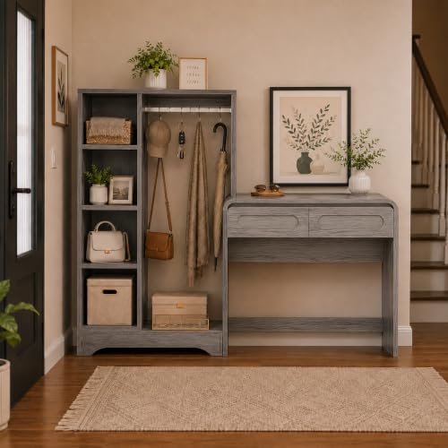 Vanity Desk, Makeup Vanity Desk with Drawers and Hanging Rack | 4 Tier Shelves, Modern Makeup Vanity Table with Curved Profile Design, Makeup Dressing Desk for Bedroom, Grey - color: Grey, size: 15.7"D x 70"W x 47"H