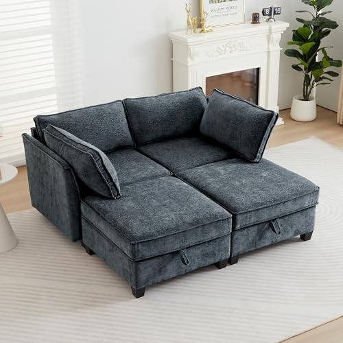 Small Sectional Couch with Storage, Modular Sectional Loveseat Sofa and 2 Ottomans for Home Living Room, Mini Lounge Sofa Bed Couch for Bedroom, Office - color: Navy Blue, size: Loveseat+2 Ottomans+2 Armrests