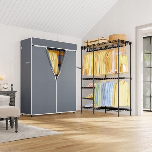 F2C Clothes Rack with Cover, Gray Covered Clothing Racks | Heavy Duty Garment Rack with Shelves and Hanger Rods, Portable Closet System, 47.2"W x 16.5"D x 78.3"H, Load 630lbs - color: Black Closet with Gray Cover