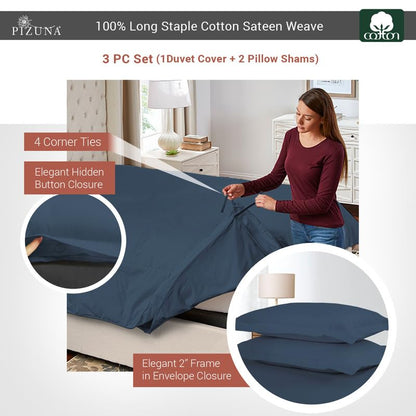 Pizuna 100% Cotton Full Duvet Cover Set 400 Thread Count Dark Blue | Long Staple Combed Cotton Sateen Weave 3 Piece Luxurious Cool Full Comforter Cover with Hidden Button Closure - color: 14 Dark Blue, size: Full