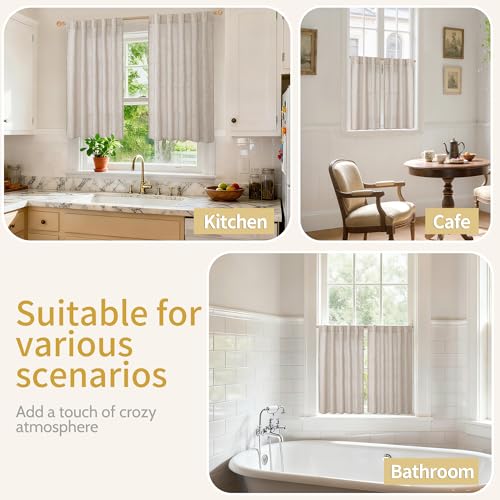 YoungsTex Natural Linen Curtains 48 Inch Length for Kitchen Window, Short Semi Sheer Drapes with Rod Pocket Back Tab Light Filtering for Cafe Bathroom Windows, 2 Panels, 30 X 48 Inch - color: Natural, size: 30"W x 48"L (Pack of 2)