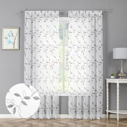 Tollpiz Grey Leaf Sheer Curtains Leaves Embroidered Bedroom Curtain Rod Pocket Voile Window Treatment for Living Room, 54 x 84 inches Long, Set of 2 Panels | Leaves Embroidered Curtain Rod Pocket Voile Window Treatment for Living Room, Set of 2 Panels - c