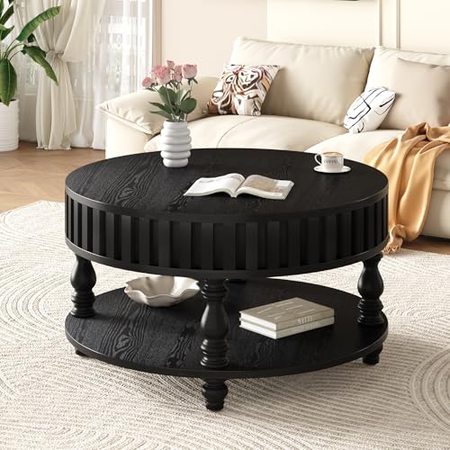 31.49" Round Wood Coffee Table with Storage 2Tier Circle Fluted Coffee Tables Pottery Barn CountryRustic Center Tables with Lid & Shelf for Living RoomApartment Office-Black - color: 2tier-black, size: 31.5''Round