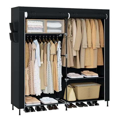 CASAMAYA Portable Closet, 61.8 Inch Large Capacity Wardrobe Closet with Cover, Clothes Storage Organizer with Shelves and 2 Hanging Rods, Easy to Assembly, Black PCT222B01 - size: 61.8"L x 17.7"W x 70.9"H