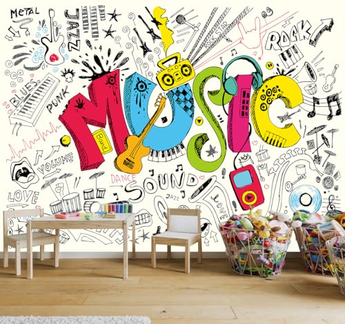 Music Graffiti Wallpaper Fan Guitar Drums Large Wall Mural | 108"x75", for Bedroom Living Room Bathroom, Textured Fabric, Not Peel and Stick - color: Mural 07, size: 108" x 75"