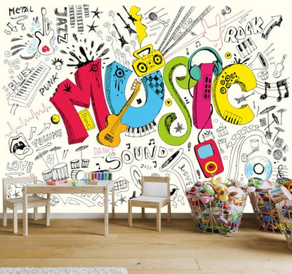 Music Graffiti Wallpaper Fan Guitar Drums Large Wall Mural | 151"x96", for Bedroom Living Room Bathroom, Textured Fabric, Not Peel and Stick - color: Mural 07, size: 151" x 96"