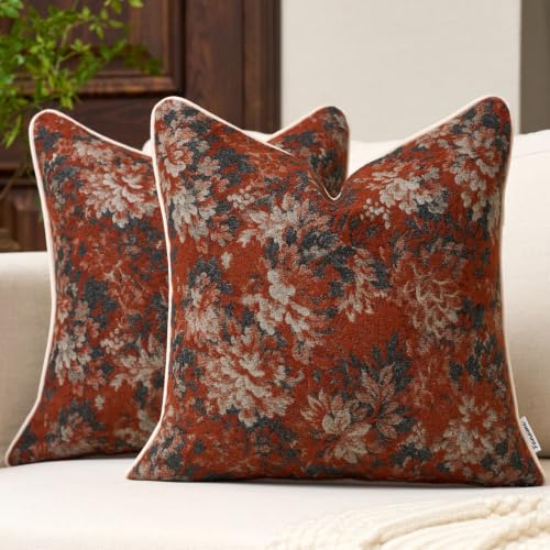 FANAMI Vintage Floral Throw Pillow Covers 20x20 Set of 2 Boho Farmhouse Accent Pillowcase Neutral Modern Chenille Square Decorative Cushion Covers for Couch Sofa Bed Living Room Home Decor, Rust - color: Rust, size: 20" x 20" (Pack of 2)