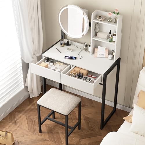 Small Vanity Desk with Mirror and Lights, Makeup Vanity Table with LED Mirror, 3 Lighting Modes, Power Outlet, Drawer, Open Shelves and Cushioned Stool for Bedroom (Black) - color: Black