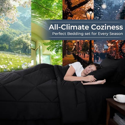7-Piece Full Comforter Set, Black | Reversible, All-Season, Soft, 7 Piece Set, All-Season Reversible Bed in a Bag, Flat Sheet, Fitted Sheet, Pillowcases - color: Black, size: Full