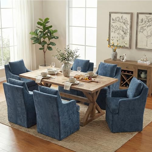 VKNOW Upholstered Dining Chairs Set of 6, Dining Room Chairs with Casters | Modern Rolling Dining Chairs with Armrest, Soft Chenille Fabric, Washable Cover, Easy Assembly, Living Room, Bedroom, Blue - color: Blue, size: 6