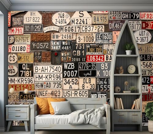 Eierme-Old License Plates from Around the World Mural Wallpaper Peel and Stick 160" x 114" - color: No.1, size: 160" x 114"