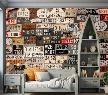 Eierme-Old License Plates from Around The World Mural Wallpaper Peel and Stick 90" x 67" - color: No.1, size: 90" x 67"