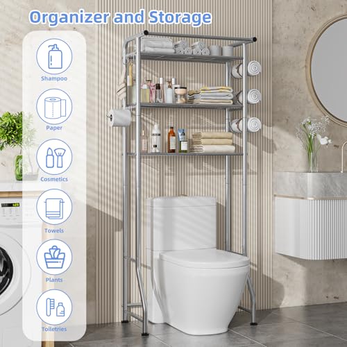 Simple Trending 3 Tier Over The Toilet Rack, Shelf Bathroom, Bathroom Stand Organizer Space Saver, Silver - color: Silver With Towel Rack