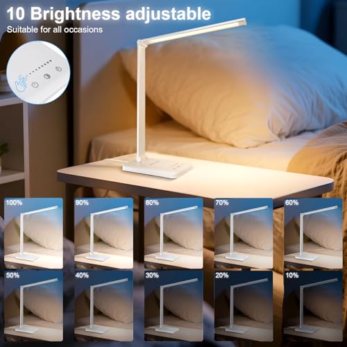 White crown LED Desk Lamp Dimmable Table Lamp Reading Lamp with USB Charging Port, 5 Lighting Modes, Sensitive Control, 30/60 Minutes Timer (White, First-Generation) - color: White, size: first-generation
