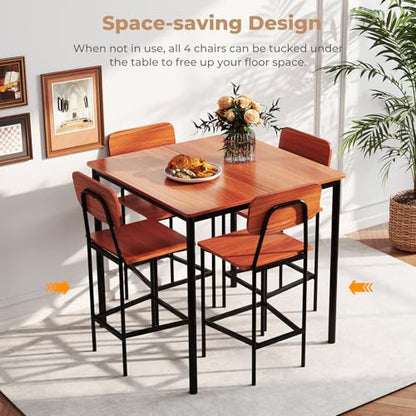 NAFORT Modern Counter Height Dining Table Set for 4, 5-Piece Pub Style Kitchen Table and Stools, Space-Saving Square Bar Table with 4 Backrest Chairs for Kitchen, Apartment & Dining Room - color: Walnut