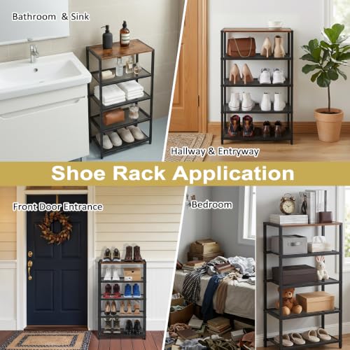 Tall Narrow Shoe Rack for Entryway Closet,5-Tier Shoe Storage Shelf | Small Vertical Shoe Organizer Wood, Sturdy Metal Mesh Shelves, Wooden Table Top, Holds 10 Pairs, for Front Door Entrance - size: 17"D x 10.24"W x 30.7"H