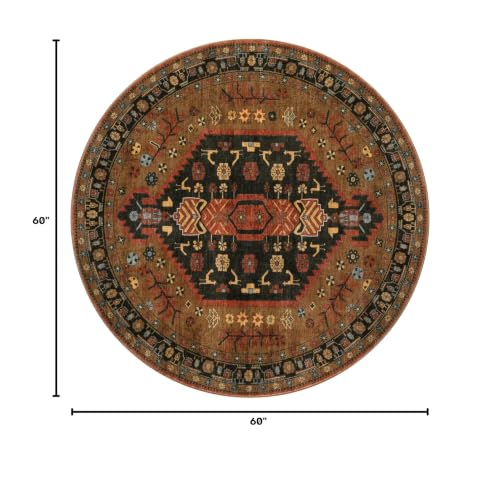 Ciicool 5ft Round Area Rug for Bedroom,Washable Soft Circle for Kitchen | Vintage Non-Slip Low-Pile Oriental Indoor Mat Boho Entry Carpet for Entryway Bedside Living Room Laundry Bathroom Dining Room - color: Red/Gold, size: 5' (Round)