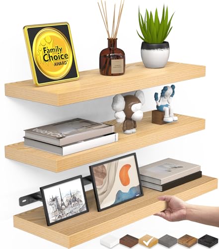 BAYKA Light Oak-Toned Floating Shelves 15.7in, Set of 3, Wall Mounted Shelf | Easy Install, 22lbs Max Load, Hidden Bracket, for Bathroom Bedroom Kitchen Storage, Hanging Shelf for Book Room Decor Display - color: G. Oak-toned - Mid-century Revival Style,