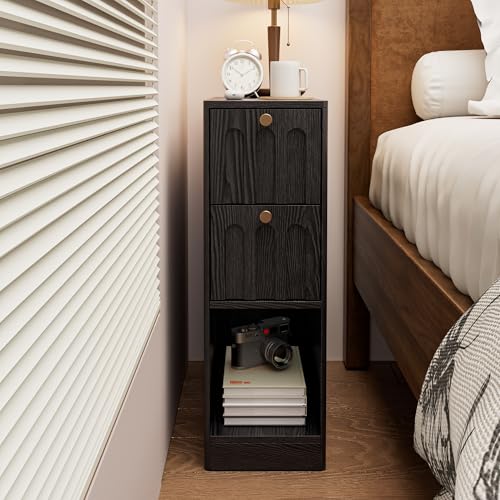 Black Small Nightstand Set of 2, Narrow Bedside Table with Arched Drawer, Wood Nightstand, Skinny Side End Table, Mid Century Modern Night Stand for Bedroom, Small Spaces, Slim, Boho - color: Z03-black-2 Pcs
