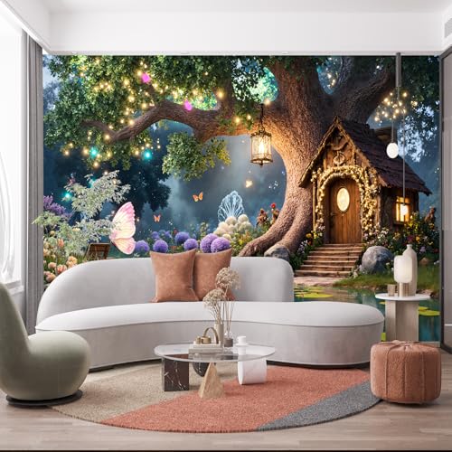 Custom Size Wall Murals, Whimsical Enchanted Tree and Cottage Scene, Self-Adhesive Removable Peel and Stick Wallpaper, for Living Room, Bedroom, Shop, Office, Kids