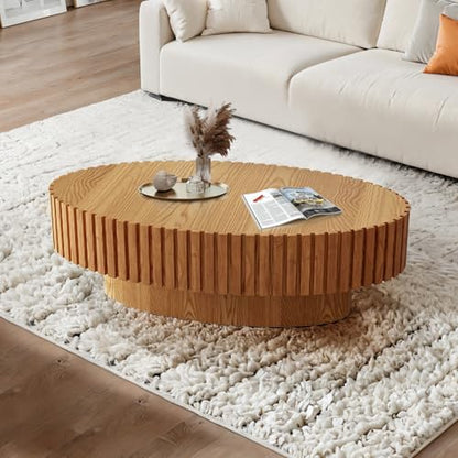 Oval Fluted Drum Coffee Table with Pedestal Base | 43.3'' Modern Wooden Drum Center Table, Handcrafted Solid Wood Fluted Edge, For Living Room & Apartment - color: Oval Wood